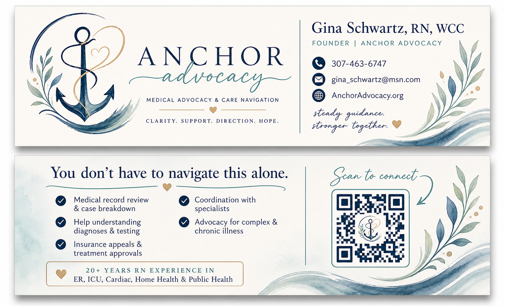Gina Schwartz, RN, WCC — Anchor Advocacy business card front and back